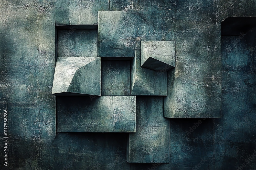 Poster Abstract geometric shapes arranged on a textured surface, creating a modern art composition.
