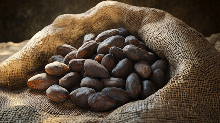 Close-up of a rustic burlap sack overflowing with raw cacao beans, showcasing the natural source of rich, velvety chocolate