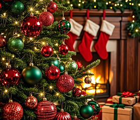 Christmas tree with gifts, decorations, baubles, and presents.