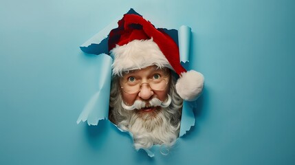 A fun and festive Santa Claus peeking through a paper hole, perfect for a holiday advertisement