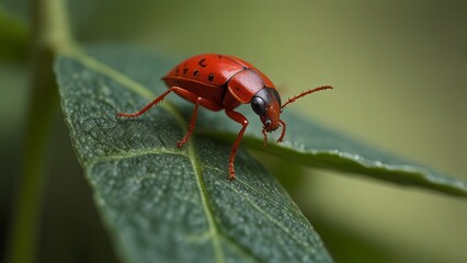 Fototapeta premium A vibrant red beetle with black spots perched on a green leaf, showcasing its intricate details against a blurred natural background.
