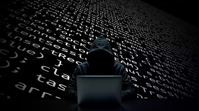 Hacker working on laptop on abstract digital background