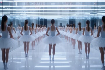 Ballerinas practice in a reflective dance studio surrounded by mirrors