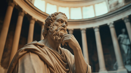 Socrates, the philosopher of ancient Greece, depicted in a marble sculpture, is shown deep in thought with his hand on his chin