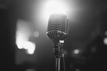 A vintage microphone stands in spotlight, symbolizing music and performance.