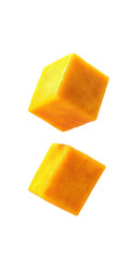 Two vibrant yellow cheese cubes are suspended in space, showcasing their smooth surfaces and distinct geometric shapes on white background , cut out.	