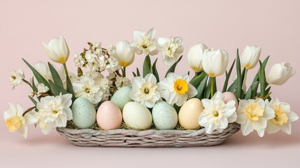 Pastel Easter Eggs Nestled Among White Tulips and Daffodils