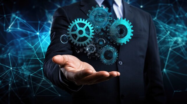 Integration technology hardware IoT concept. A business professional displaying futuristic gears in a digital environment.