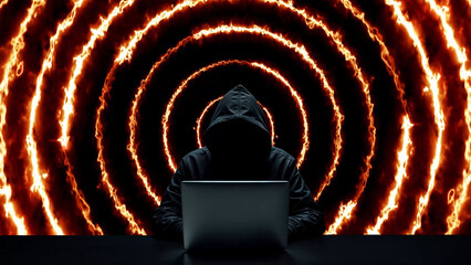 Hacker working on laptop on abstract background