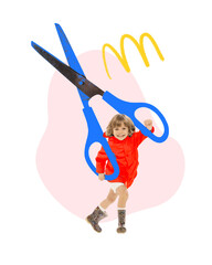 Contemporary art collage. Smiling child in red raincoat running next to huge blue scissors, playful design with yellow swirl and pink abstract background. Concept of study, education, back to school.