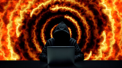 Hacker working on laptop on abstract background