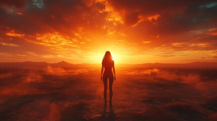 Silhouette of woman facing fiery sunset.