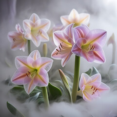 Naklejka premium Beautiful Amaryllis flowers with translucent petals showcasing iridescent hues, creating a surreal and magical ambiance, cool spectrum amaryllis flowers. Created with generative AI