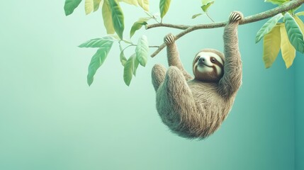 A Sloth Hanging From A Tree Branch Among Lush Green Leaves