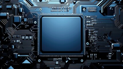 Integration technology hardware IoT concept. High-tech close-up of a microchip on a circuit board, showcasing intricate electronic components.
