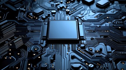 Integration technology hardware IoT concept. Close-up of a black circuit board with a central processor and intricate wiring.