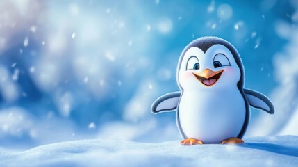 Happy Cartoon Penguin In Snowy Winter Scene