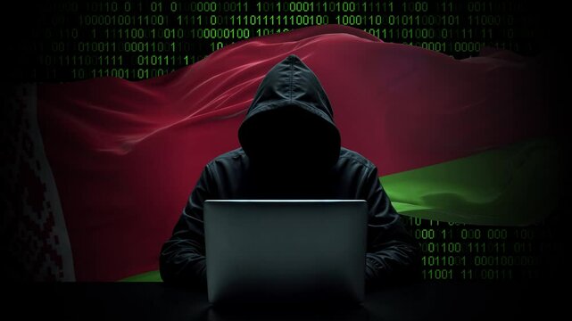 Belarus flag - 3D realistic waving flag on matrix digital background with binary code