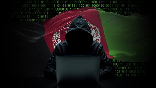 Afghanistan flag - 3D realistic waving flag on matrix digital background with binary code