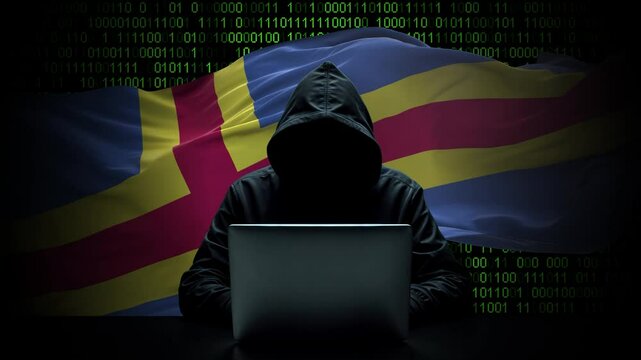 Aland flag - 3D realistic waving flag on matrix digital background with binary code