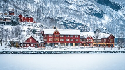 Charming Red Wooden Houses in a Snowy Norwegian Fjord Landscape