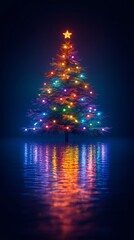 a Christmas tree with colorful lights sparkles on dark background and reflection on the floor