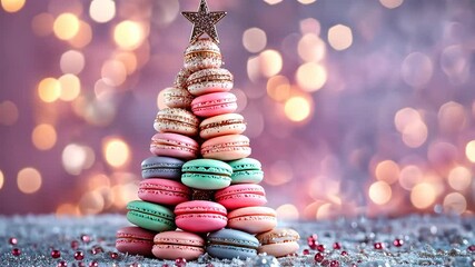 Colorful macarons forming christmas tree on pink background with copy space - Powered by Adobe