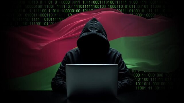 Burkina Faso flag - 3D realistic waving flag on matrix digital background with binary code