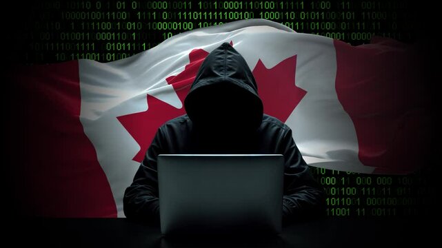 Canada flag - 3D realistic waving flag on matrix digital background with binary code