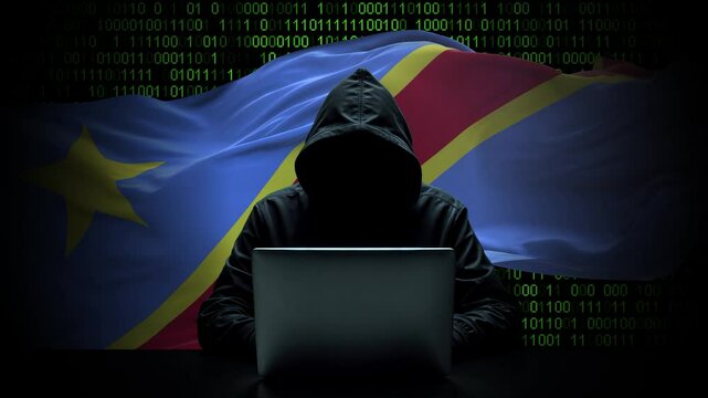 Congo Democratic Republic of the flag - 3D realistic waving flag on matrix digital background with binary code