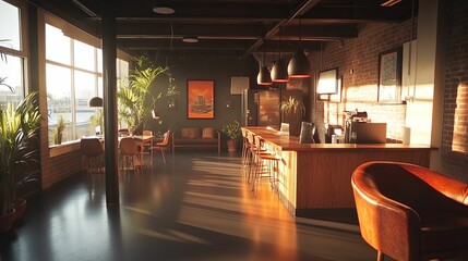 Sunlit Modern Office Space With Plants and Wooden Furniture