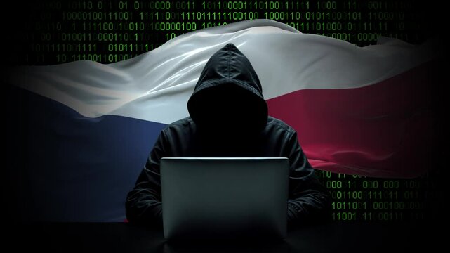 Czech Republic flag - 3D realistic waving flag on matrix digital background with binary code