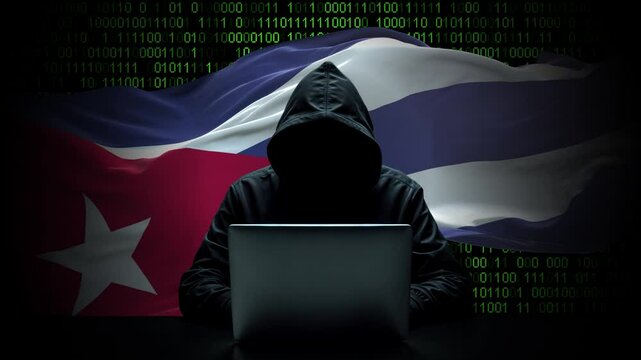 Cuba flag - 3D realistic waving flag on matrix digital background with binary code