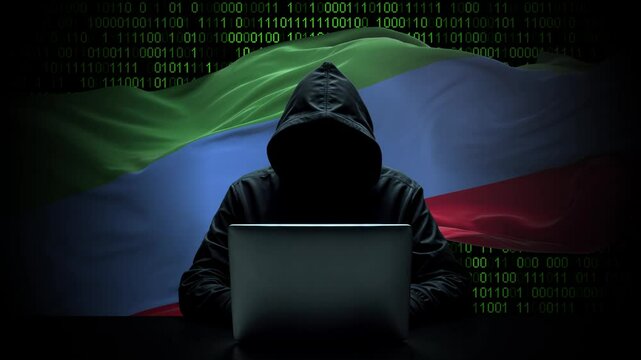 Dagestan flag - 3D realistic waving flag on matrix digital background with binary code