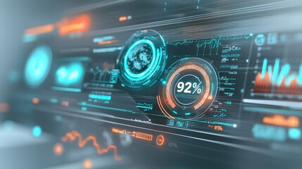 Obraz premium Integration technology hardware IoT concept. Futuristic dashboard with glowing metrics and graphs displaying data analytics.
