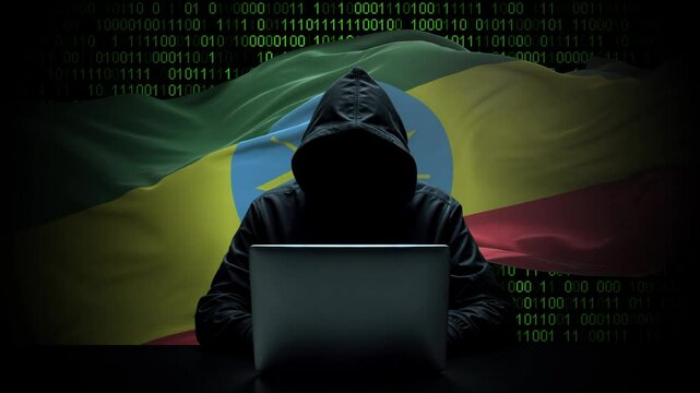 Ethiopia flag - 3D realistic waving flag on matrix digital background with binary code