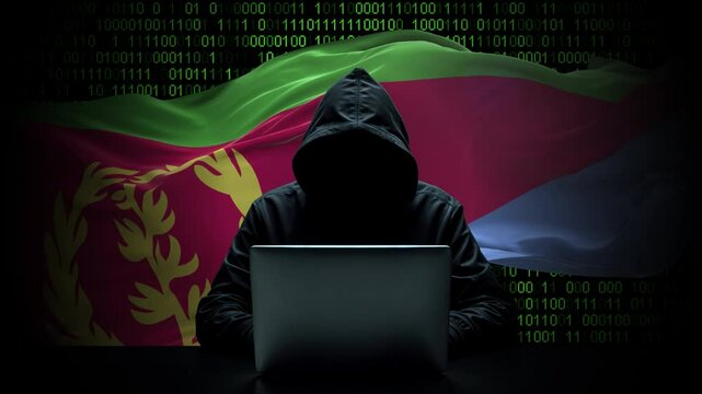 Eritrea flag - 3D realistic waving flag on matrix digital background with binary code