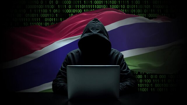 Gambia flag - 3D realistic waving flag on matrix digital background with binary code