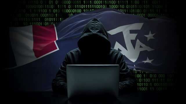 French Southern and Antarctic Lands flag - 3D realistic waving flag on matrix digital background with binary code