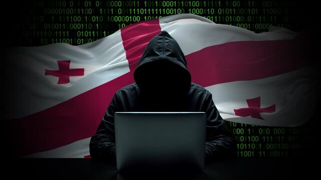 Georgia flag - 3D realistic waving flag on matrix digital background with binary code