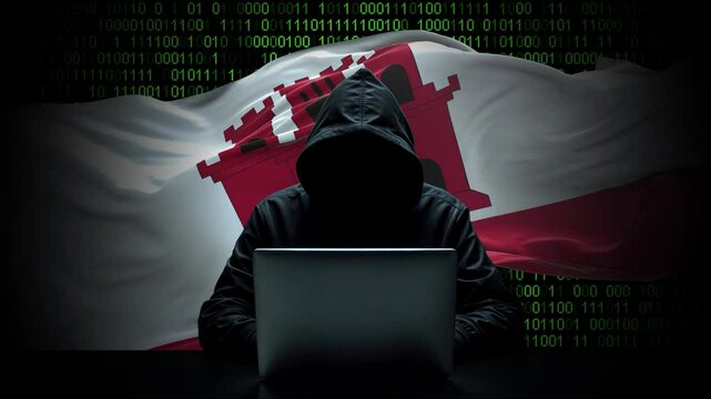Gibraltar flag - 3D realistic waving flag on matrix digital background with binary code