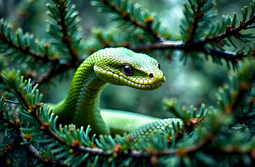 Fototapeta premium Green snake resting among pine branches in a lush forest during vibrant daylight hours