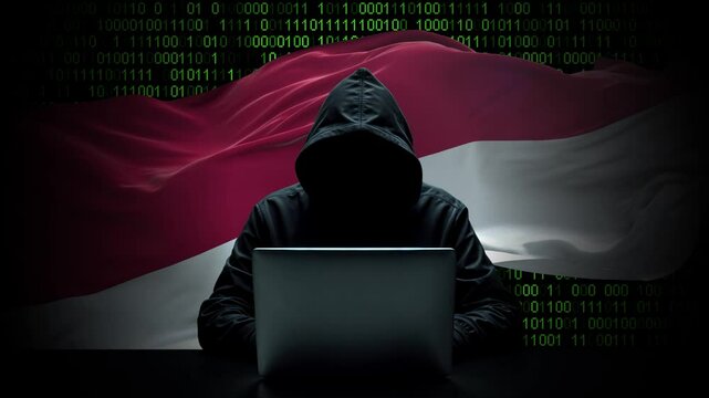 Indonesia flag - 3D realistic waving flag on matrix digital background with binary code