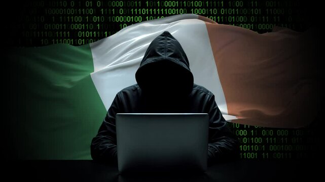 Ireland flag - 3D realistic waving flag on matrix digital background with binary code
