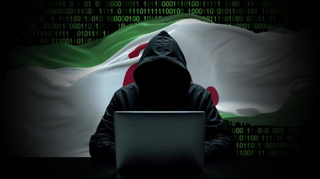 Ingushetia flag - 3D realistic waving flag on matrix digital background with binary code