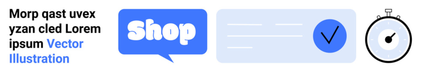 Blue Shop button, stopwatch, check mark in circle, and sample text in Latin gibberish. Ideal for e-commerce, online shopping, digital marketing, customer engagement, time management. Banner