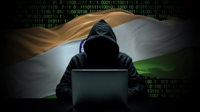 India flag - 3D realistic waving flag on matrix digital background with binary code