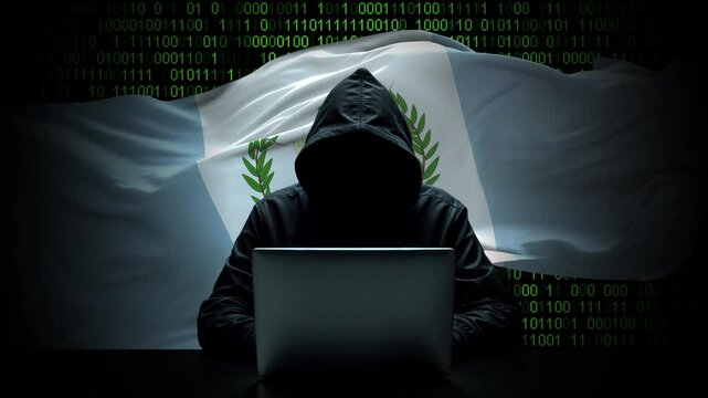 Guatemala flag - 3D realistic waving flag on matrix digital background with binary code