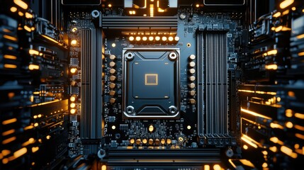 Fototapeta premium Integration technology hardware IoT concept. Close-up view of a computer motherboard with intricate circuitry and glowing elements.