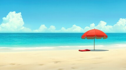 Red beach umbrella on a sandy shore near turquoise water